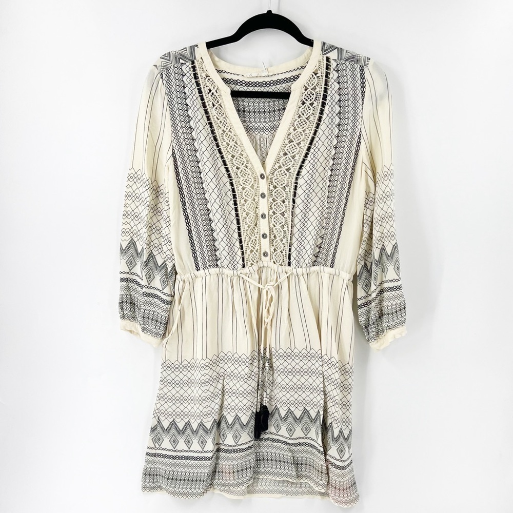 Anthropologie Cream and Black Patterned Boho Tunic Dress